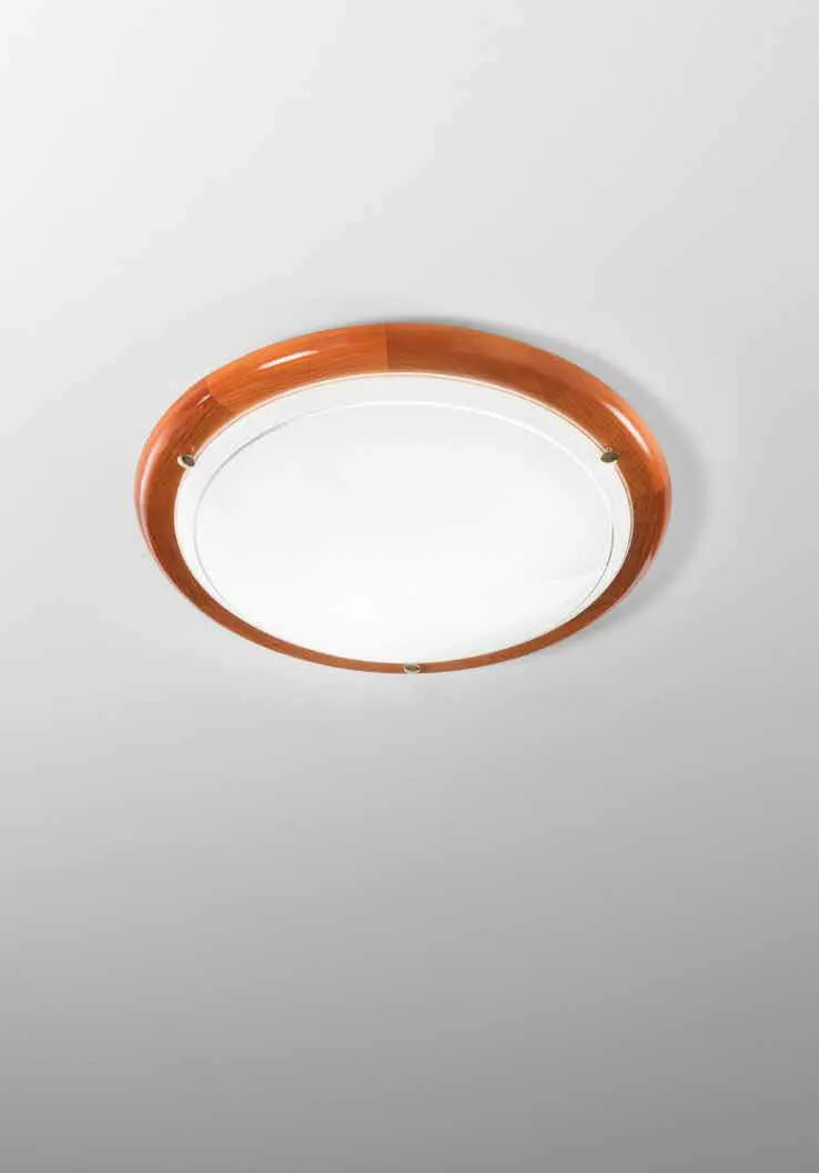 Plafoniera 1010 Fan Europe con cornice in legno noce e vetro bianco a soffitto