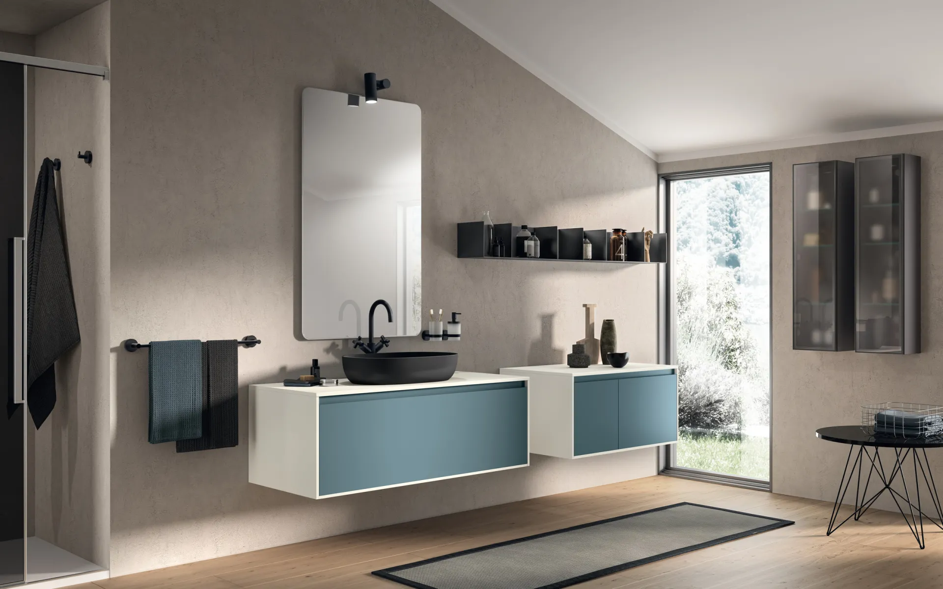 Bagno Rivo Scavolini con basi sospese bianche e frontali Verde Ottanio, lavabo nero in appoggio