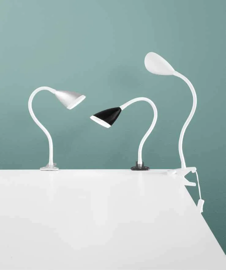 Lampade a pinza Hegel Fan Europe bianca e nera con collo flessibile