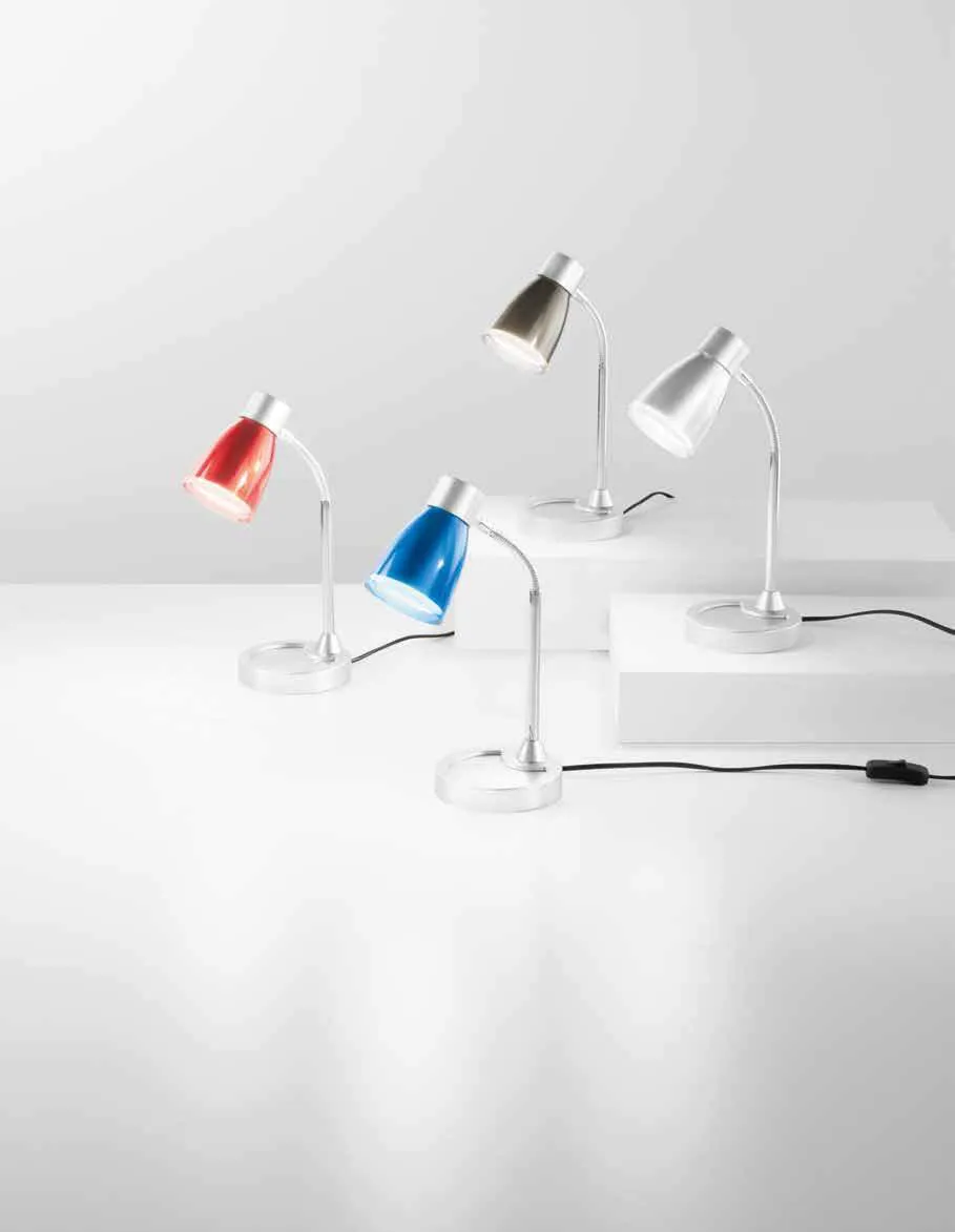 Lampade da tavolo Arkimede Fan Europe rossa, blu e silver con diffusore orientabile