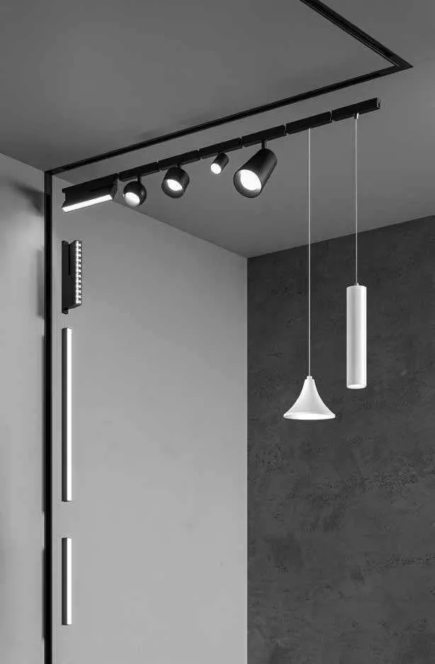Binario Da Vinci Fan Europe a soffitto con faretti Shot e una sospensione bianca