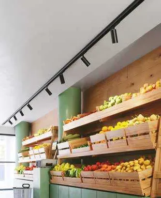 Faretti per binario trifase Jet Food Fan Europe sopra un banco di frutta e verdura