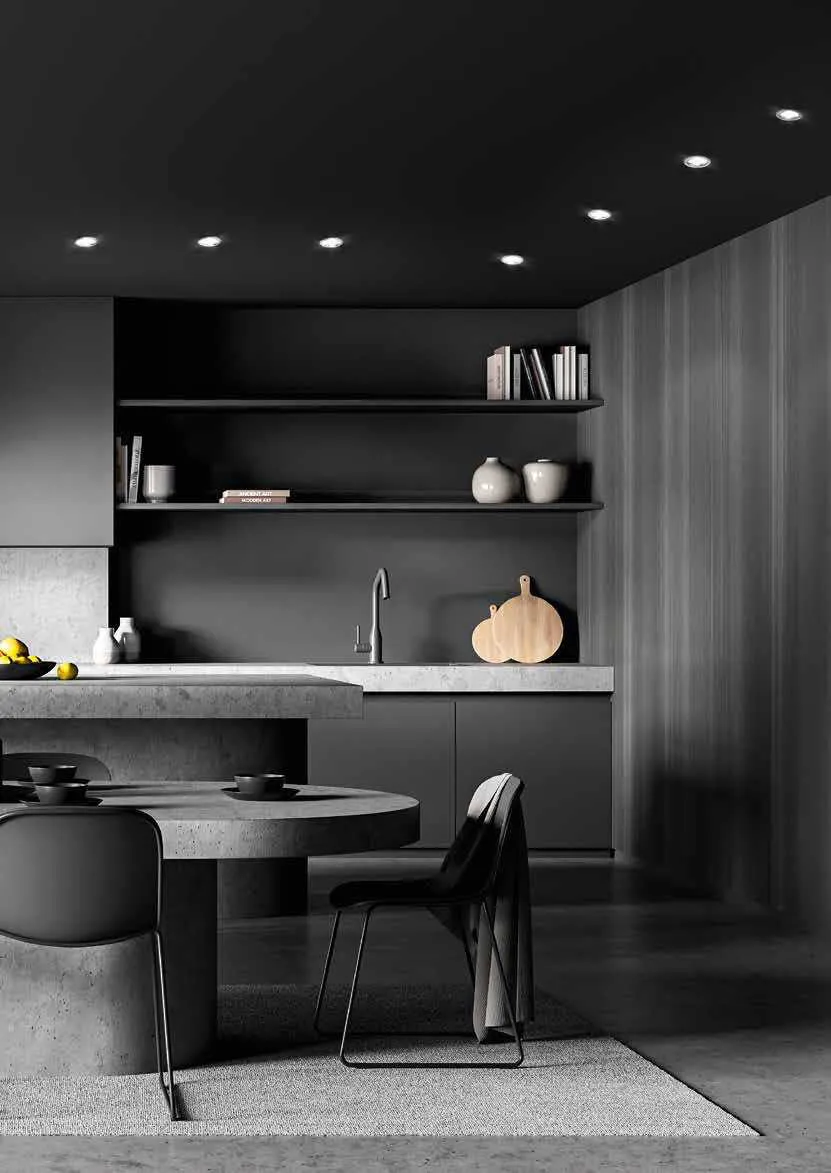Cucina scura con penisola e faretti da incasso Matrix Fan Europe nel soffitto