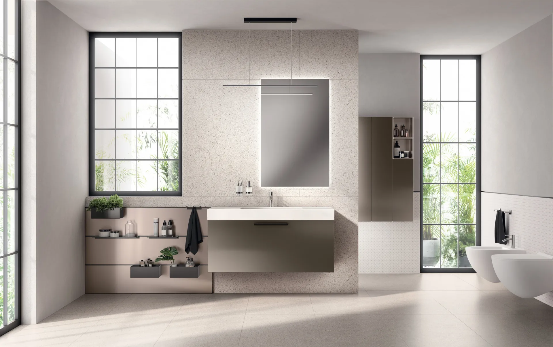 Bagno Aquo Scavolini con base sospesa in laccato perlato e mensole a parete con piante