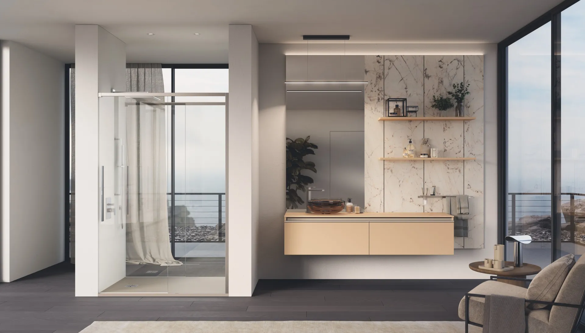 Bagno Stilo Scavolini con base sospesa in laccato Ginger e mensole Stilo su una parete effetto marmo