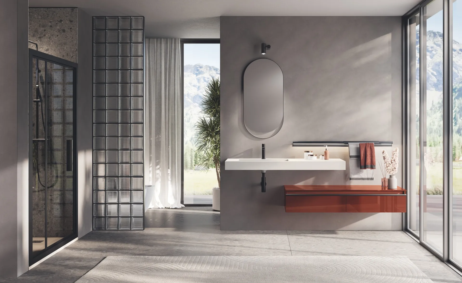 Bagno Stilo Scavolini con base in laccato lucido Mattone, lavabo bianco e specchiera ovale