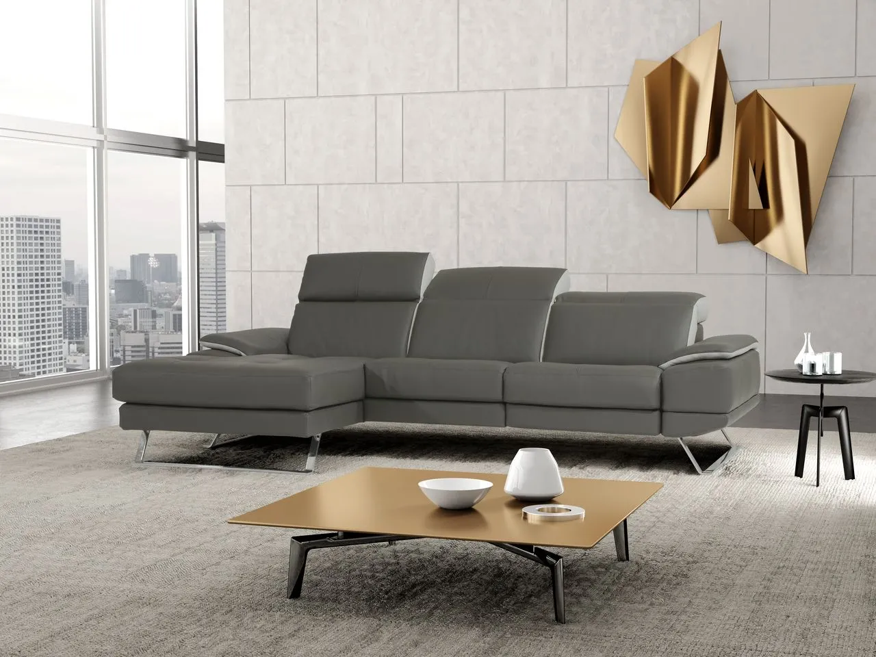 Divano Fantasy Max Sofà in pelle grigia con chaise longue, ambientato in un living
