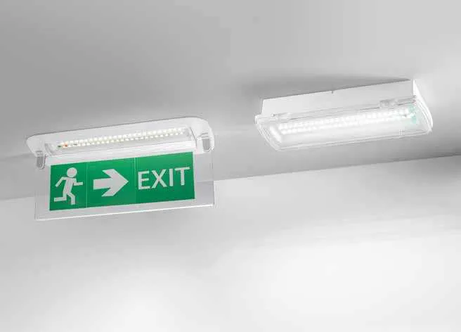 Lampada di emergenza Help Exit Fan Europe a soffitto e versione a bandiera con segnale di uscita