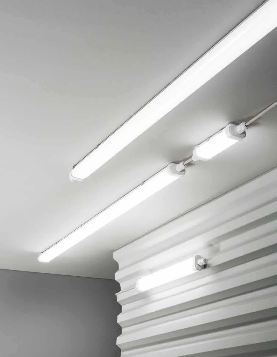 Plafoniere LED stagne Artic Fan Europe collegate in linea su un soffitto chiaro