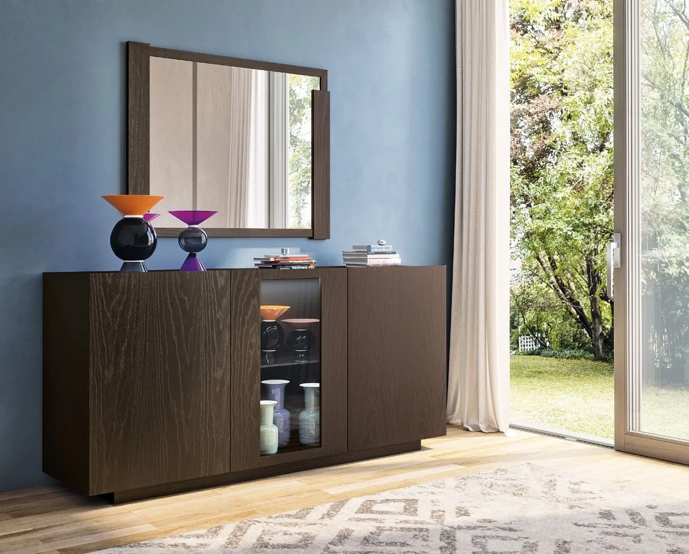 Specchiera Nova Concept Imba in frassino Testa di Moro sopra una credenza