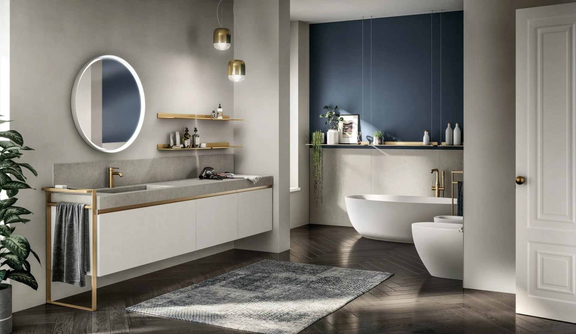 Bagno Tratto Scavolini con base sospesa bianca, profilo maniglia e portasalviette Give in ottone