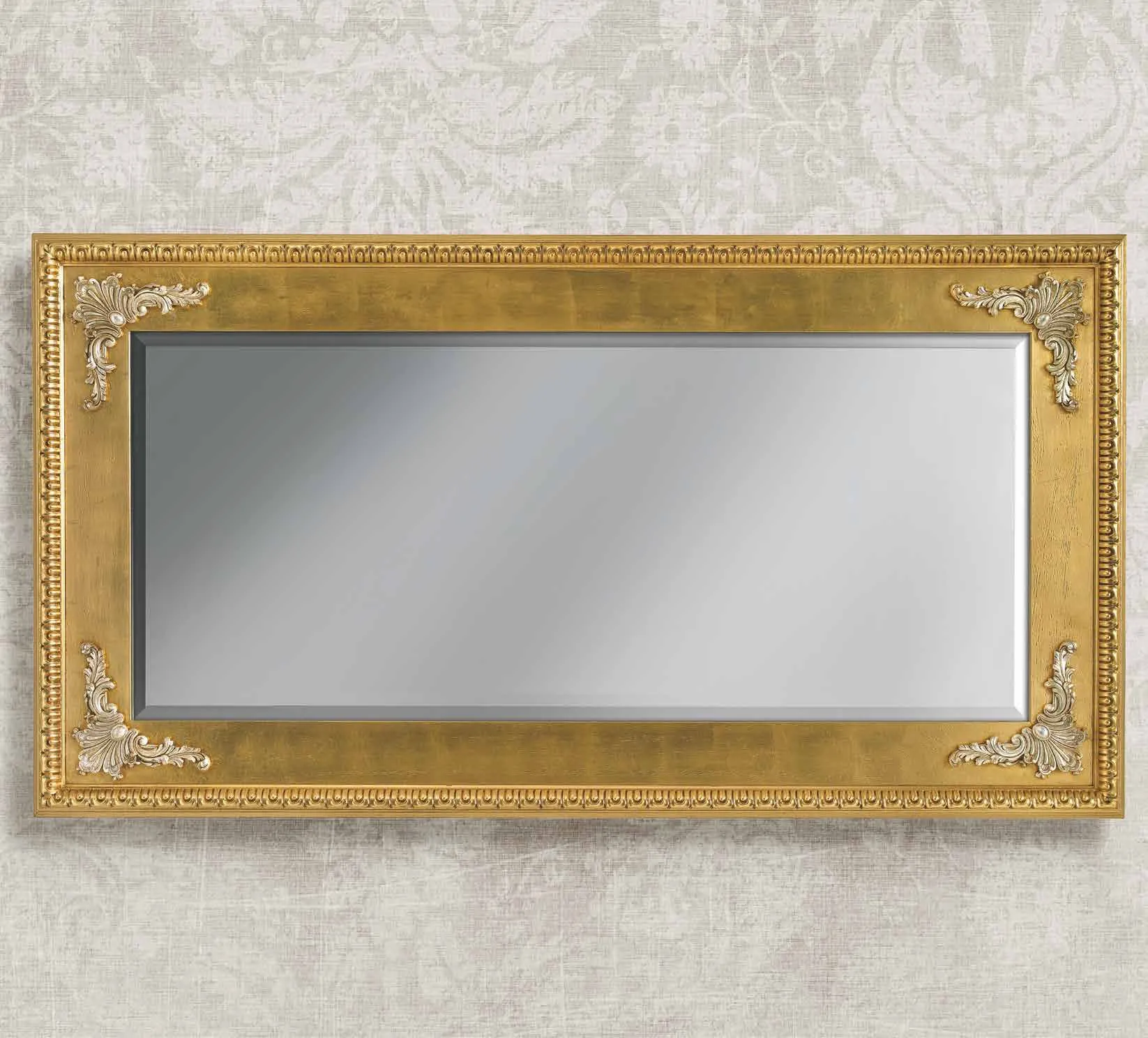 Specchiera SP 6160 Imba in foglia oro con angoli argentati su carta damascata
