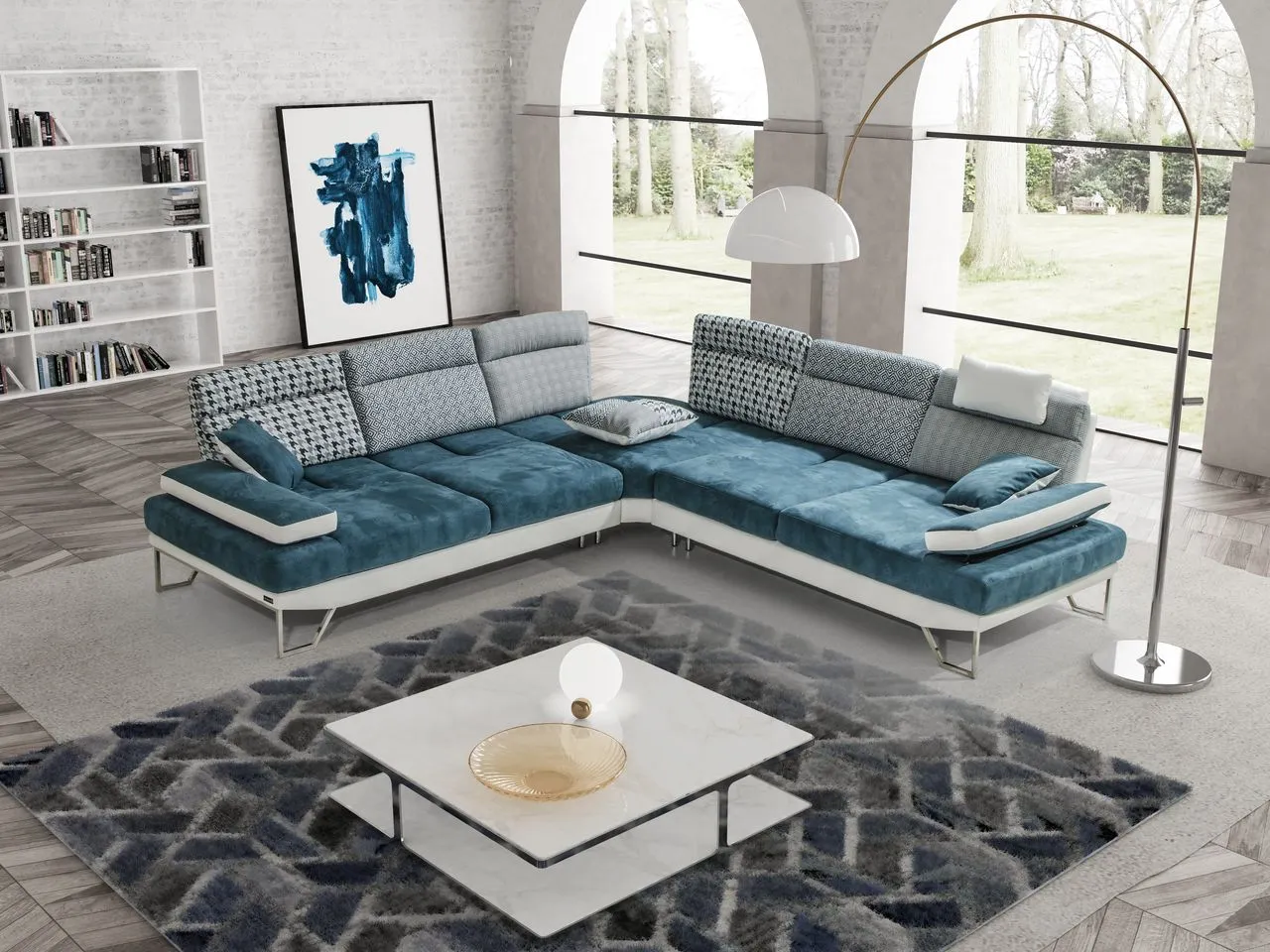 Divano angolare Fly Max Sofà in tessuto blu con schienali a fantasia in un soggiorno