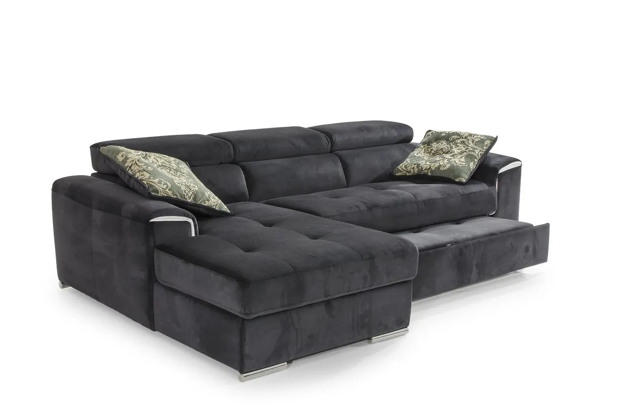 Divano Grace Max Sofà in tessuto antracite con chaise longue, vista di tre quarti