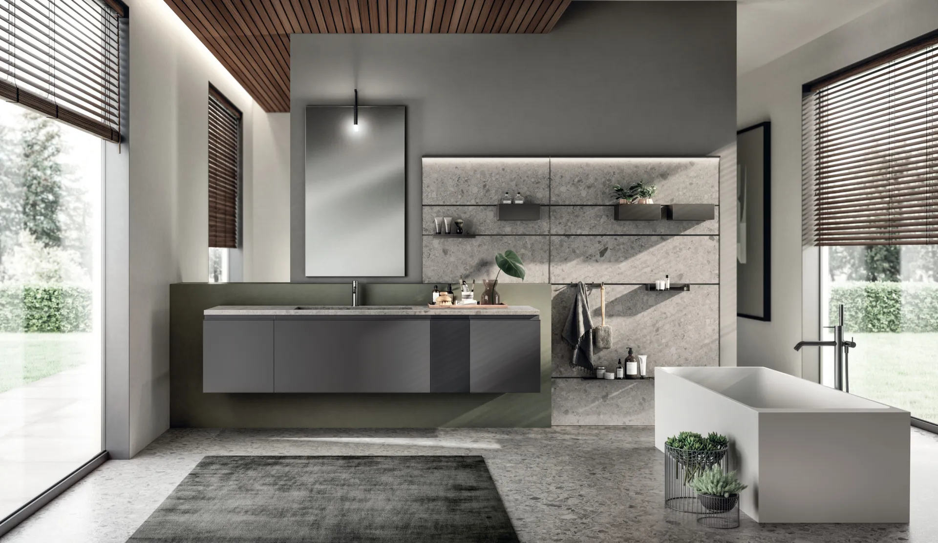 Bagno Tratto Scavolini con base grigia sospesa e Line System con mensole su schienale effetto pietra