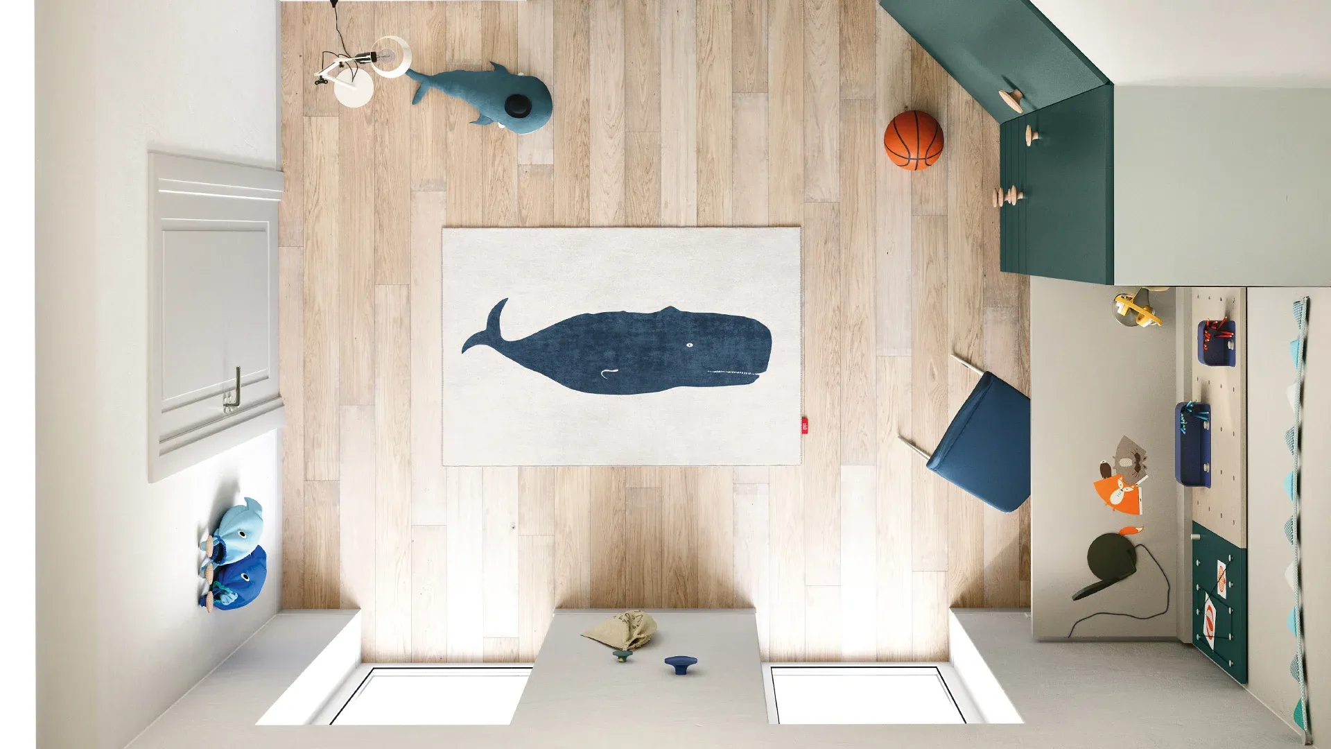 Tappeto Whale Nidi con balena blu visto dall'alto in cameretta