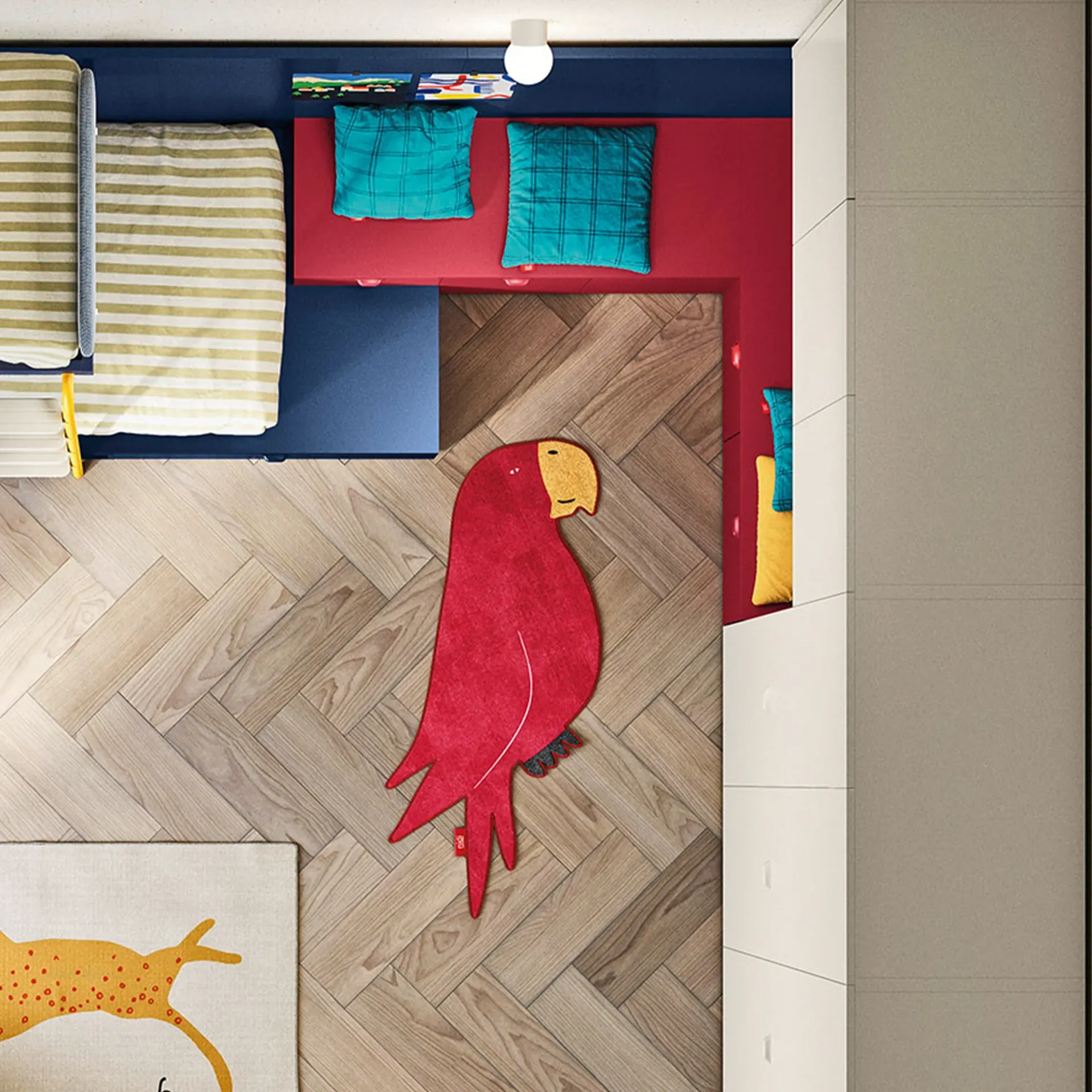 Tappeto Parrot Nidi su parquet a spina visto dall'alto