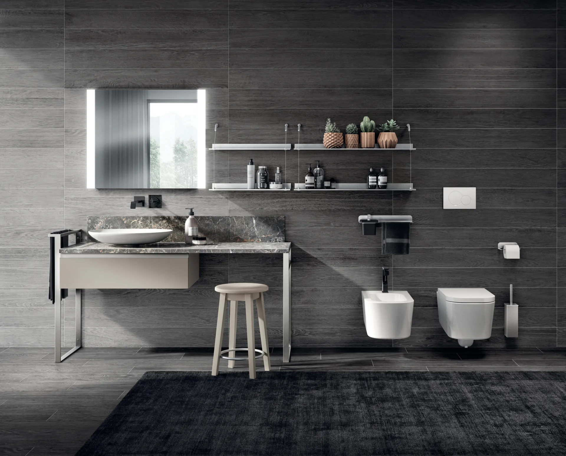 Bagno Tratto Scavolini con base Visone, piano in marmo grigio su sostegno in metallo e parete scura