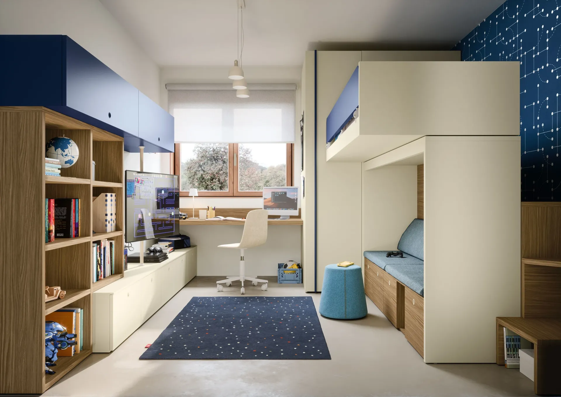 Carta da parati Connections Nidi blu dietro il letto a soppalco