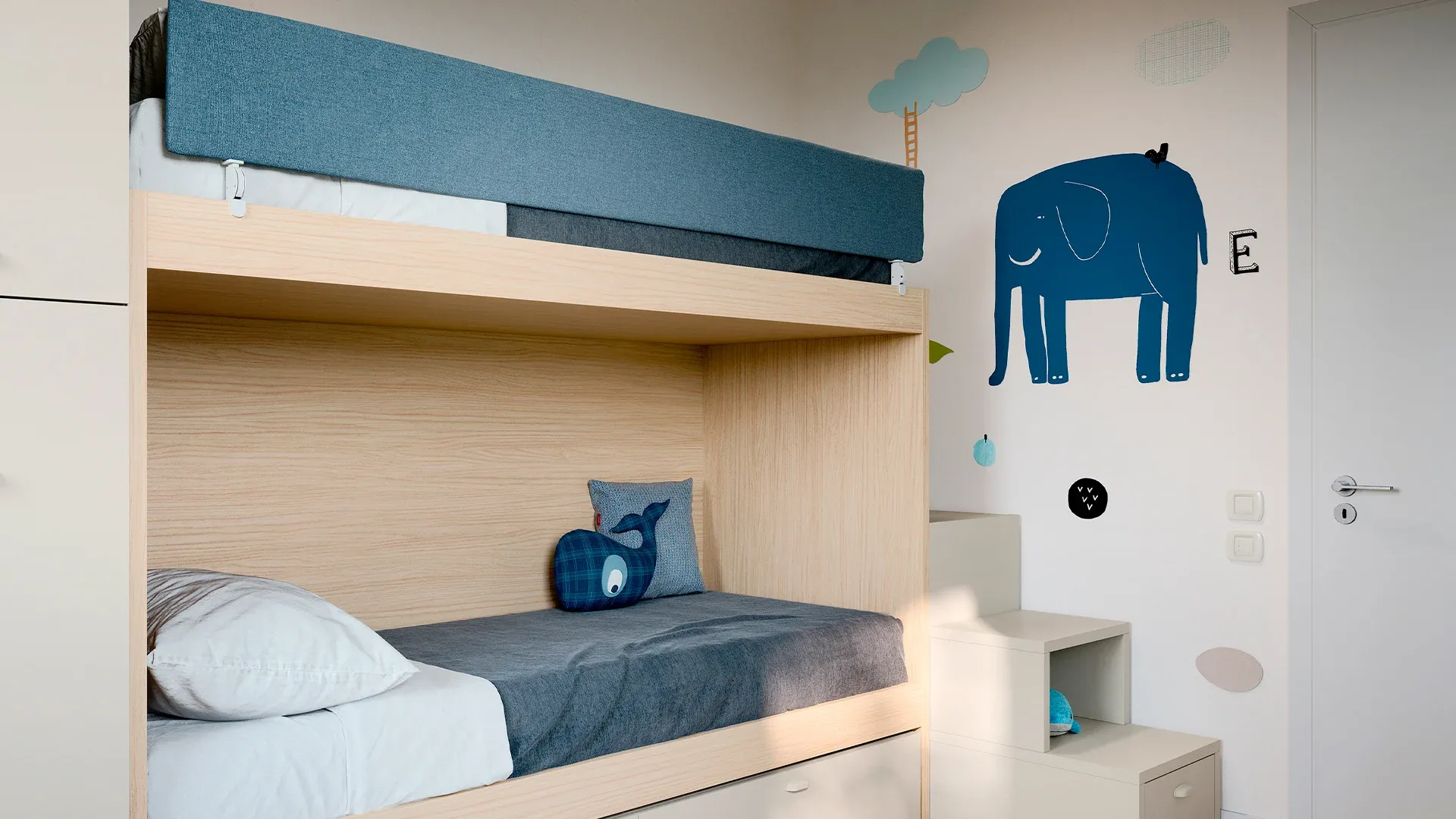 Sticker Elephant Nidi con elefante blu accanto al letto a castello