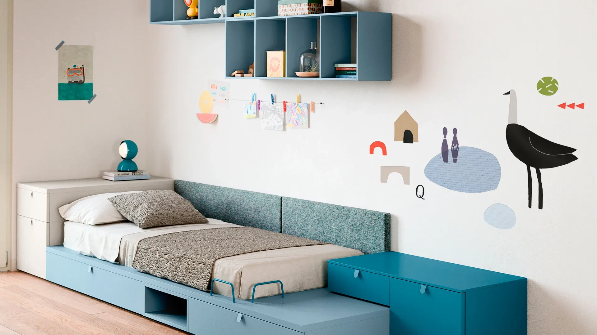 Sticker Emu Nidi sopra il letto con contenitori
