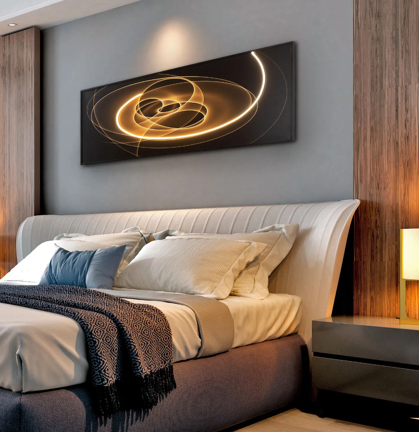 Quadro luminoso Trazados Schuller con linee LED dorate appeso sopra un letto matrimoniale