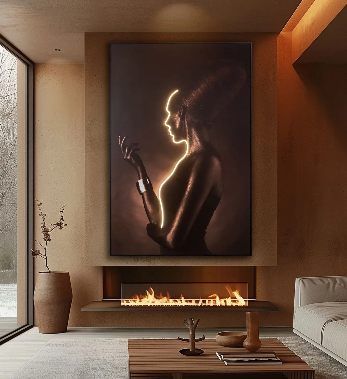 Quadro luminoso Silueta Schuller con profilo di donna illuminato sopra un camino