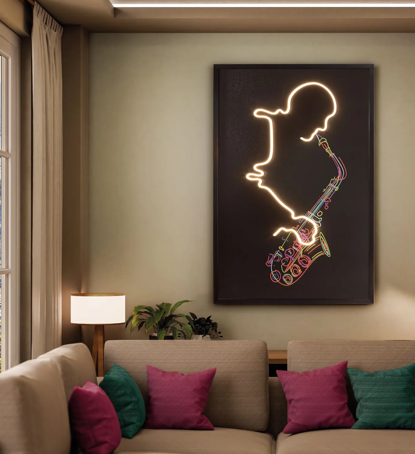 Quadro luminoso Saxofón Schuller con sassofonista disegnato a LED sopra un divano
