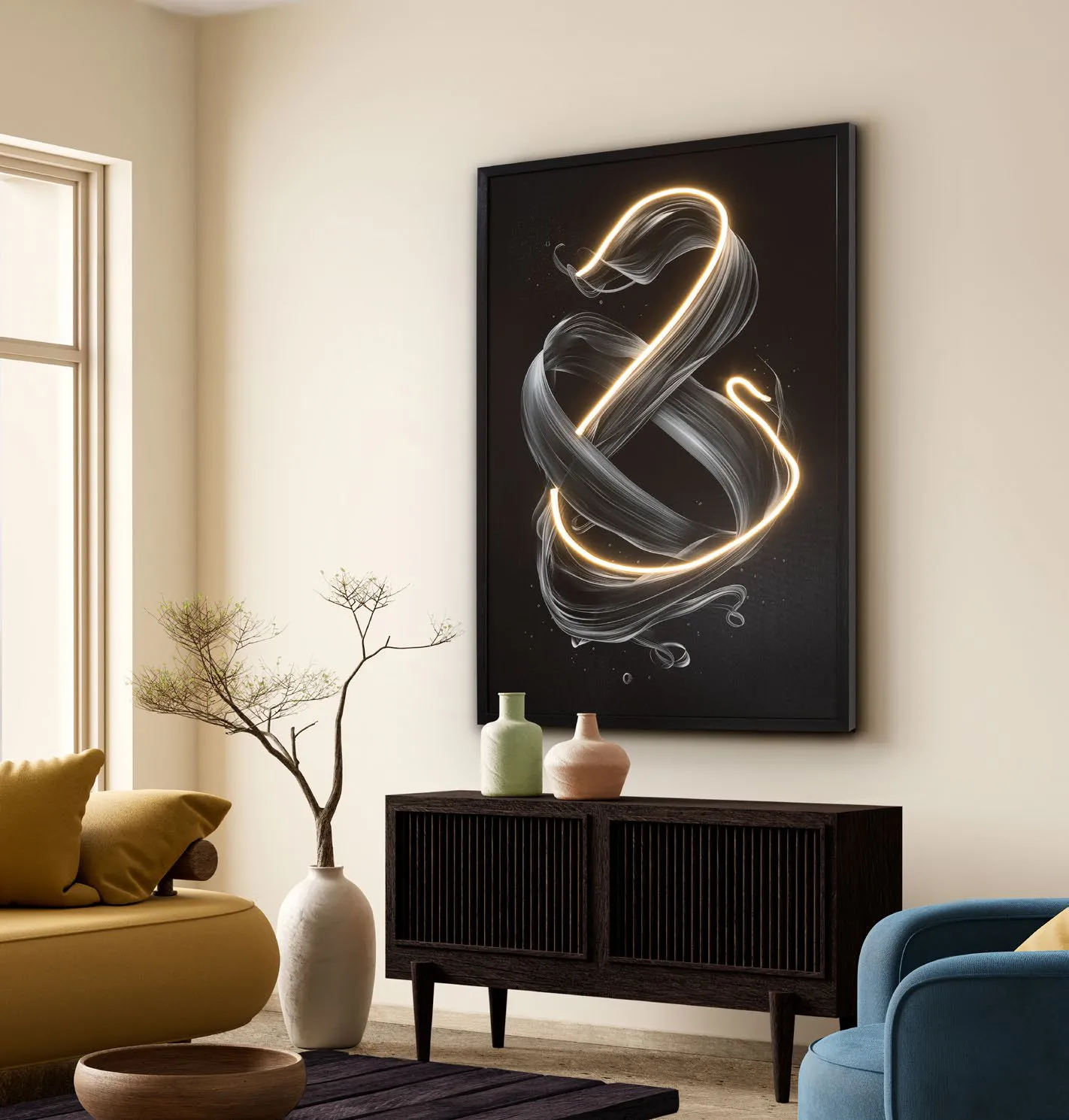 Quadro luminoso astratto Cinetic Schuller sopra una credenza scura