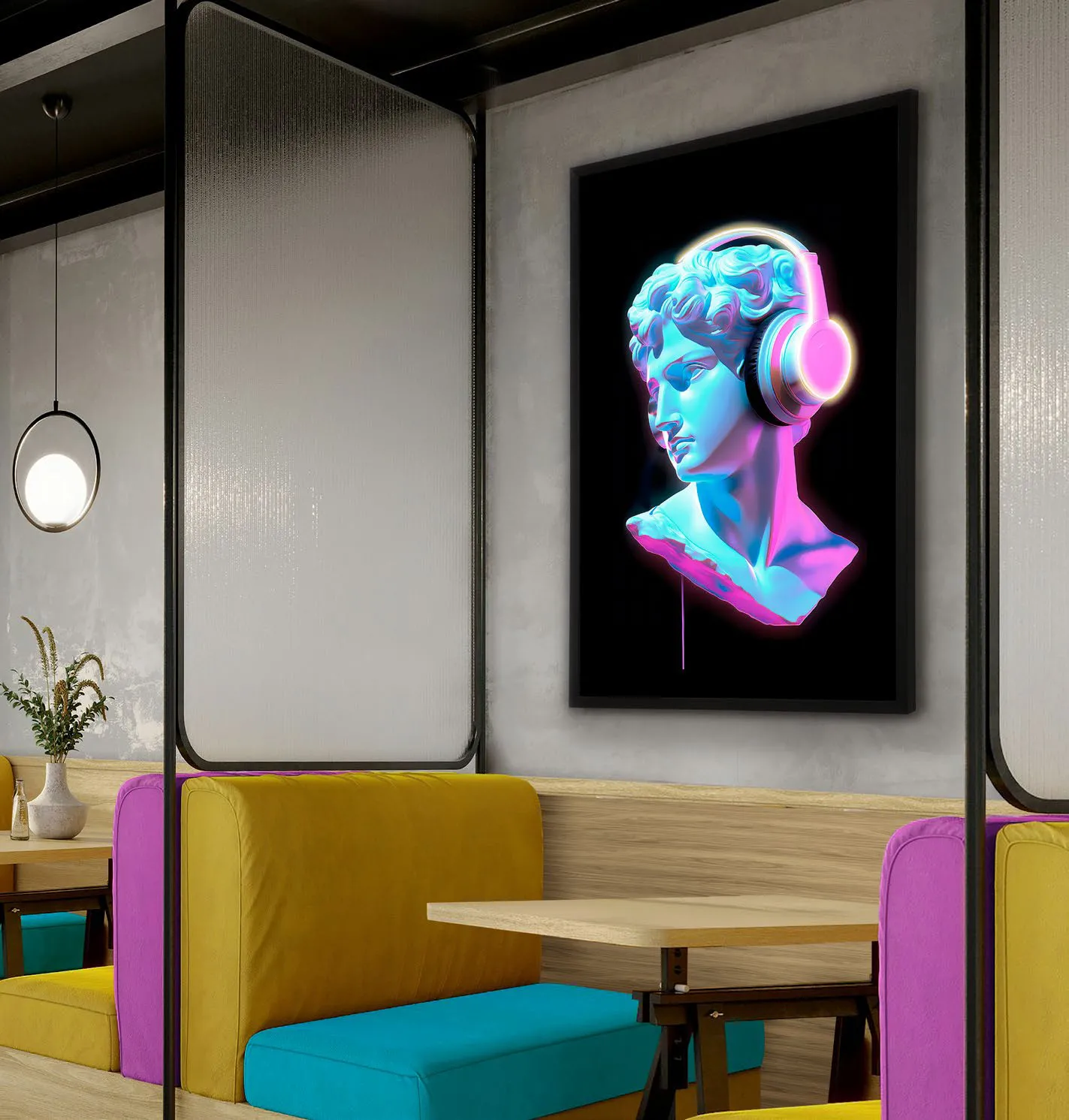 Quadro luminoso Busto Schuller con busto pop rosa e azzurro in un locale con sedute colorate