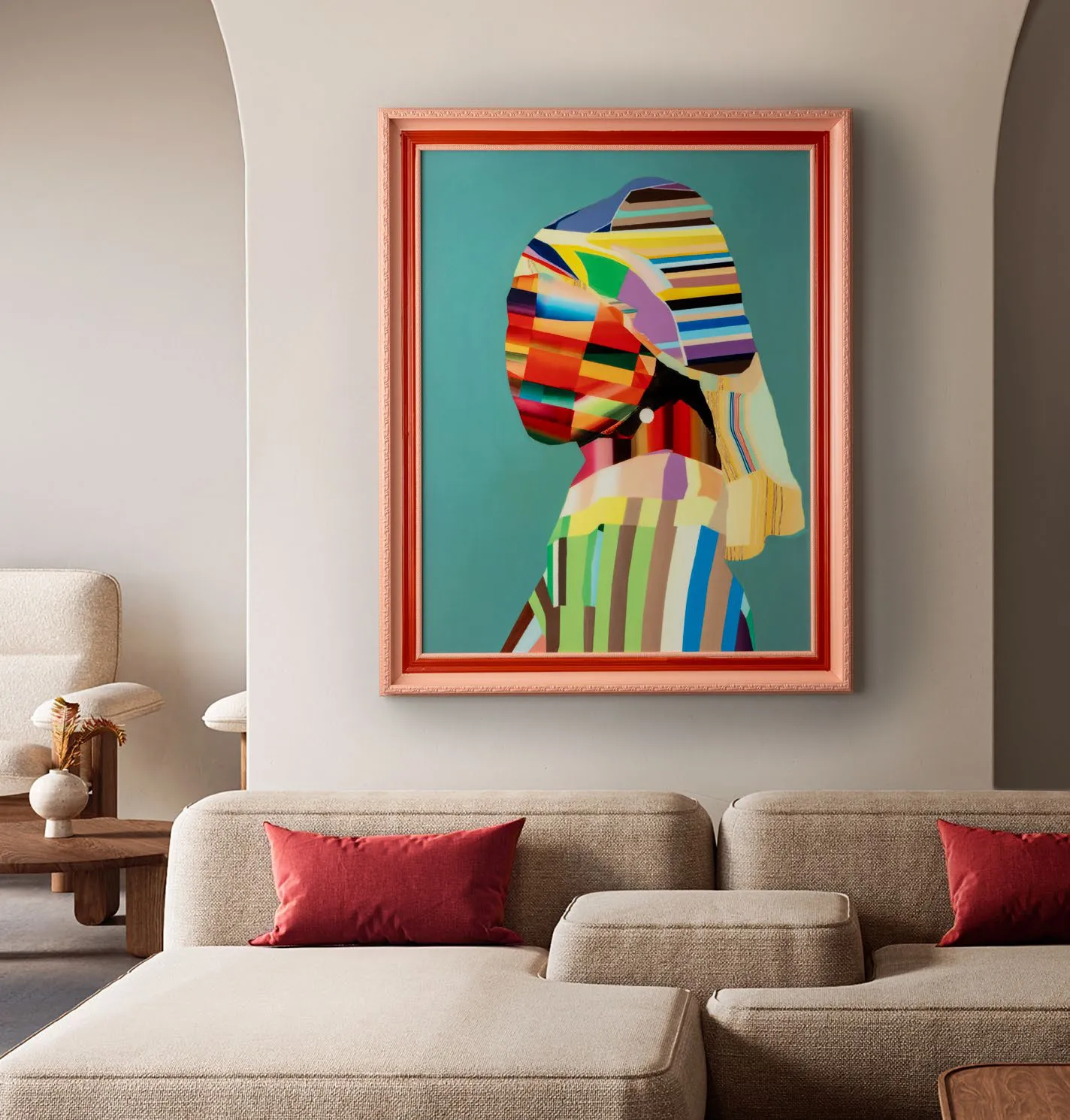 Quadro Joven con Perla Pop Schuller con ritratto a fasce colorate sopra un divano