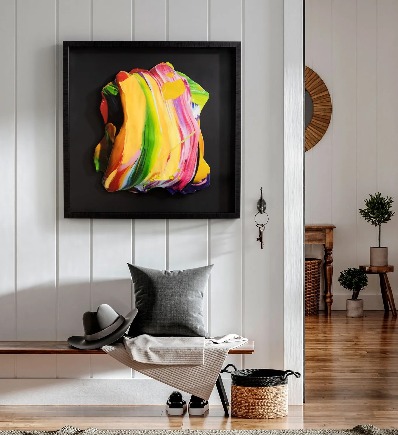 Quadro Cromatismo Schuller con pennellate colorate su fondo nero in un ingresso