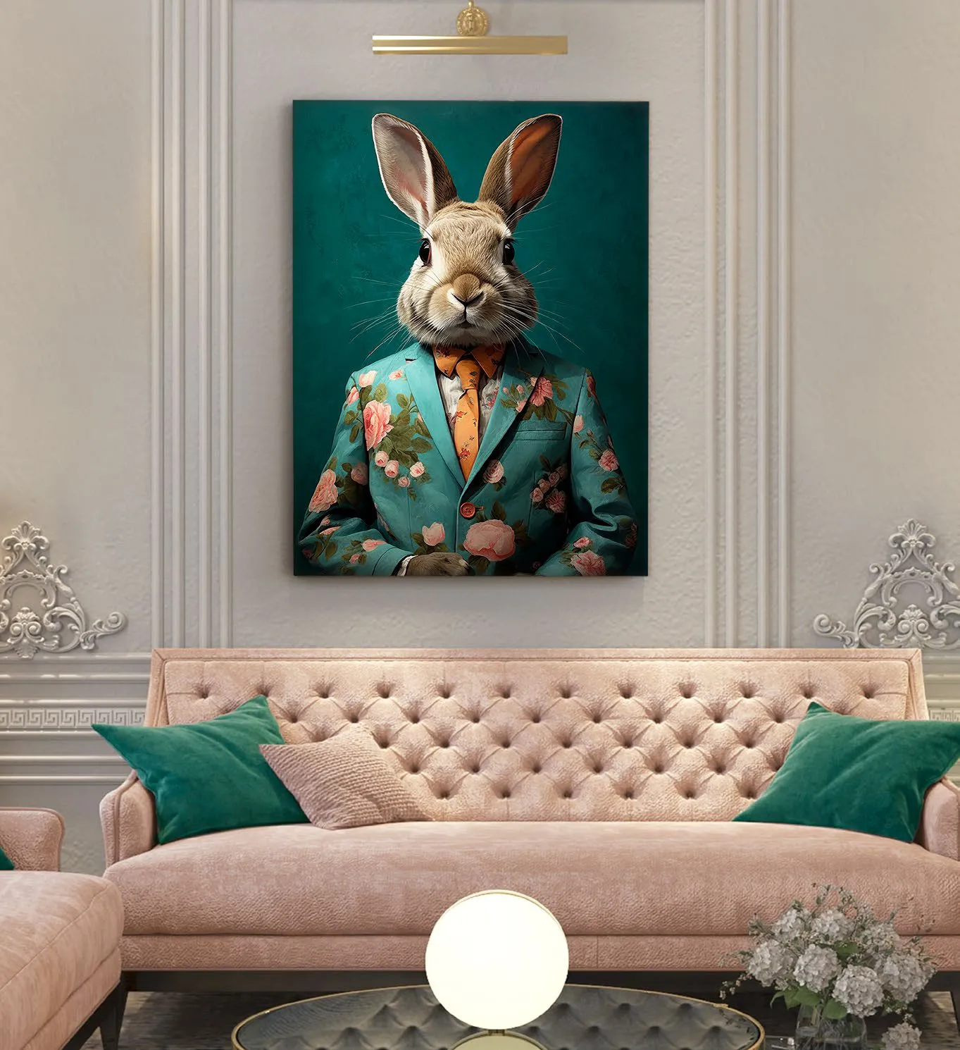Quadro Mr. Rabbit Schuller con coniglio in giacca sopra un divano rosa