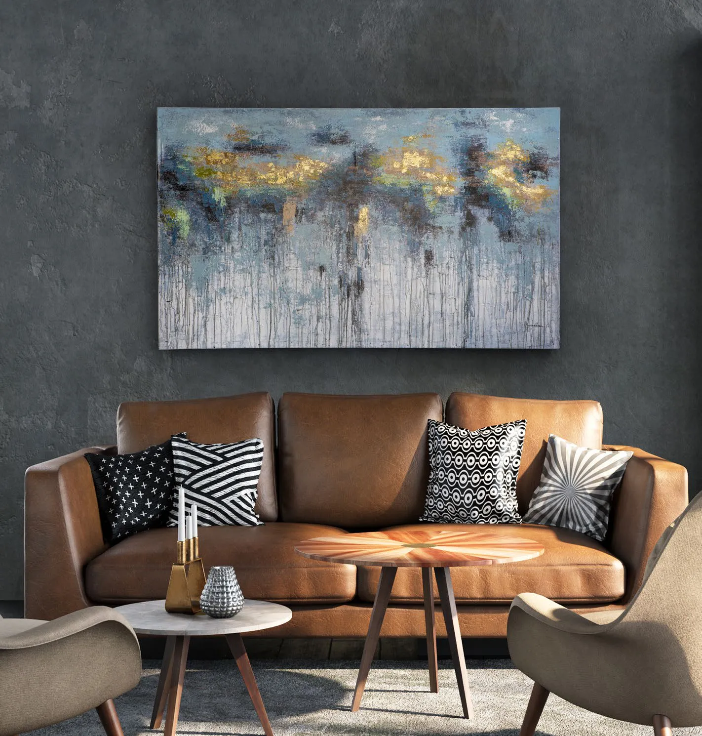 Quadro Aquas Schuller grigio e blu sopra un divano in pelle
