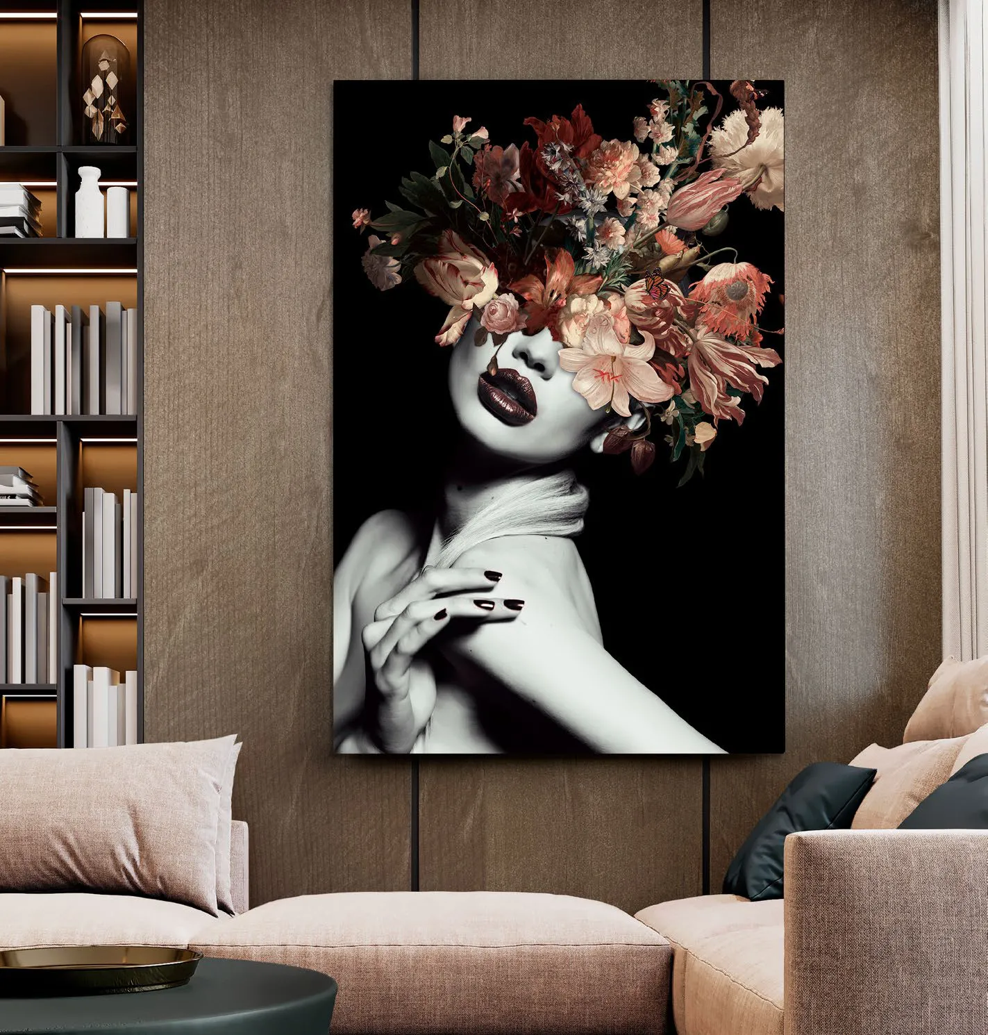 Quadro fotografico Silene Schuller con donna e fiori accanto a una libreria