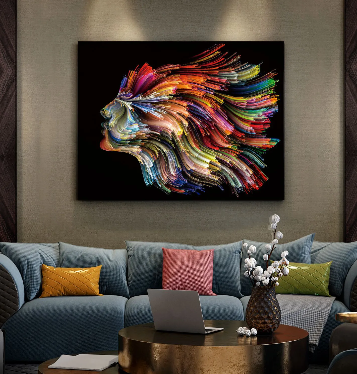 Quadro fotografico Polycromy Schuller multicolore sopra un divano azzurro