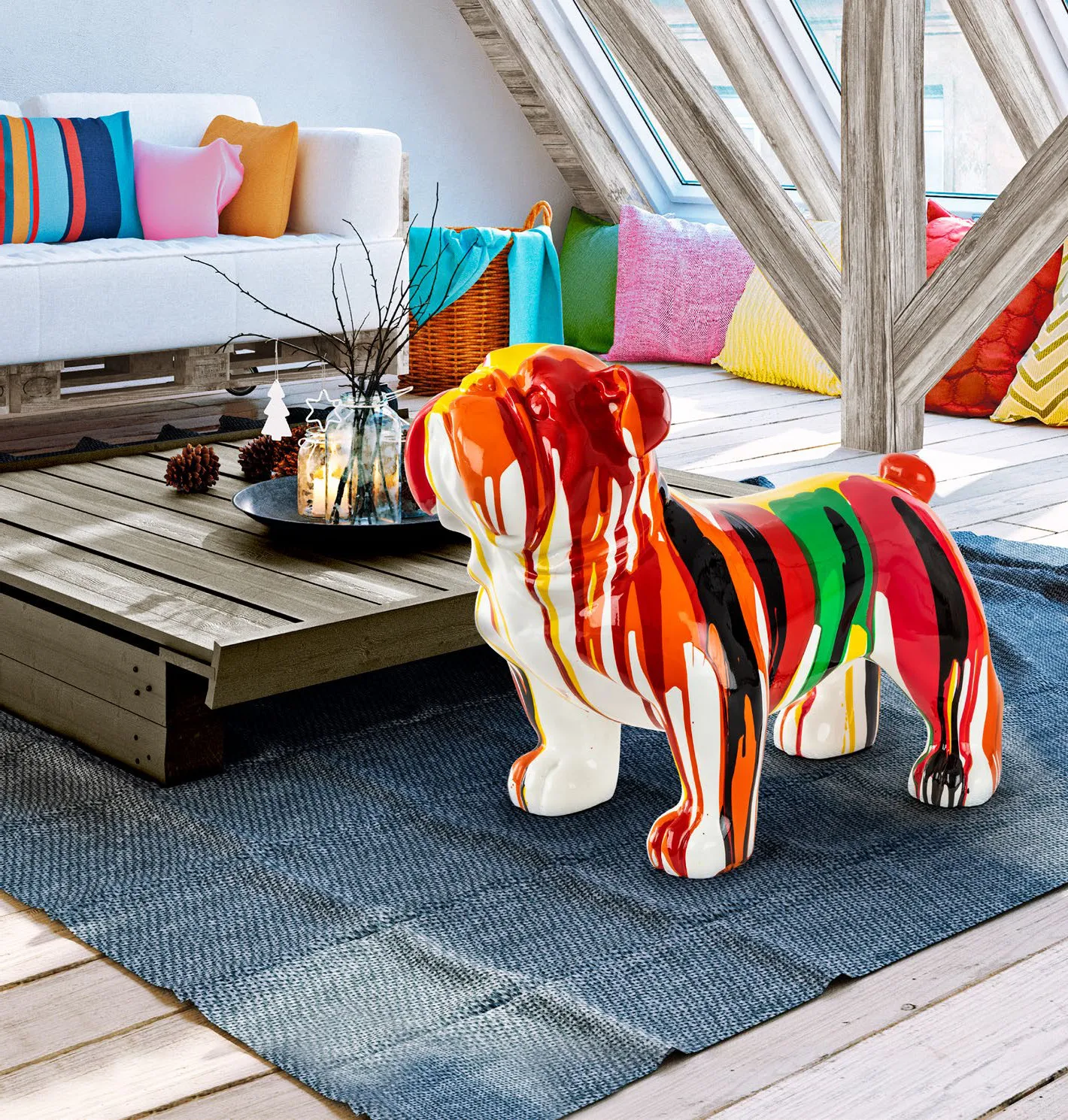 Bulldog decorativo Otto Schuller con colature di colore su un tappeto