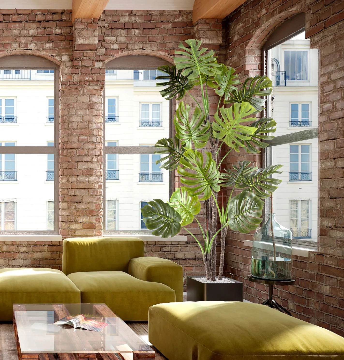 Pianta artificiale Monstera Schuller in un loft con mattoni a vista