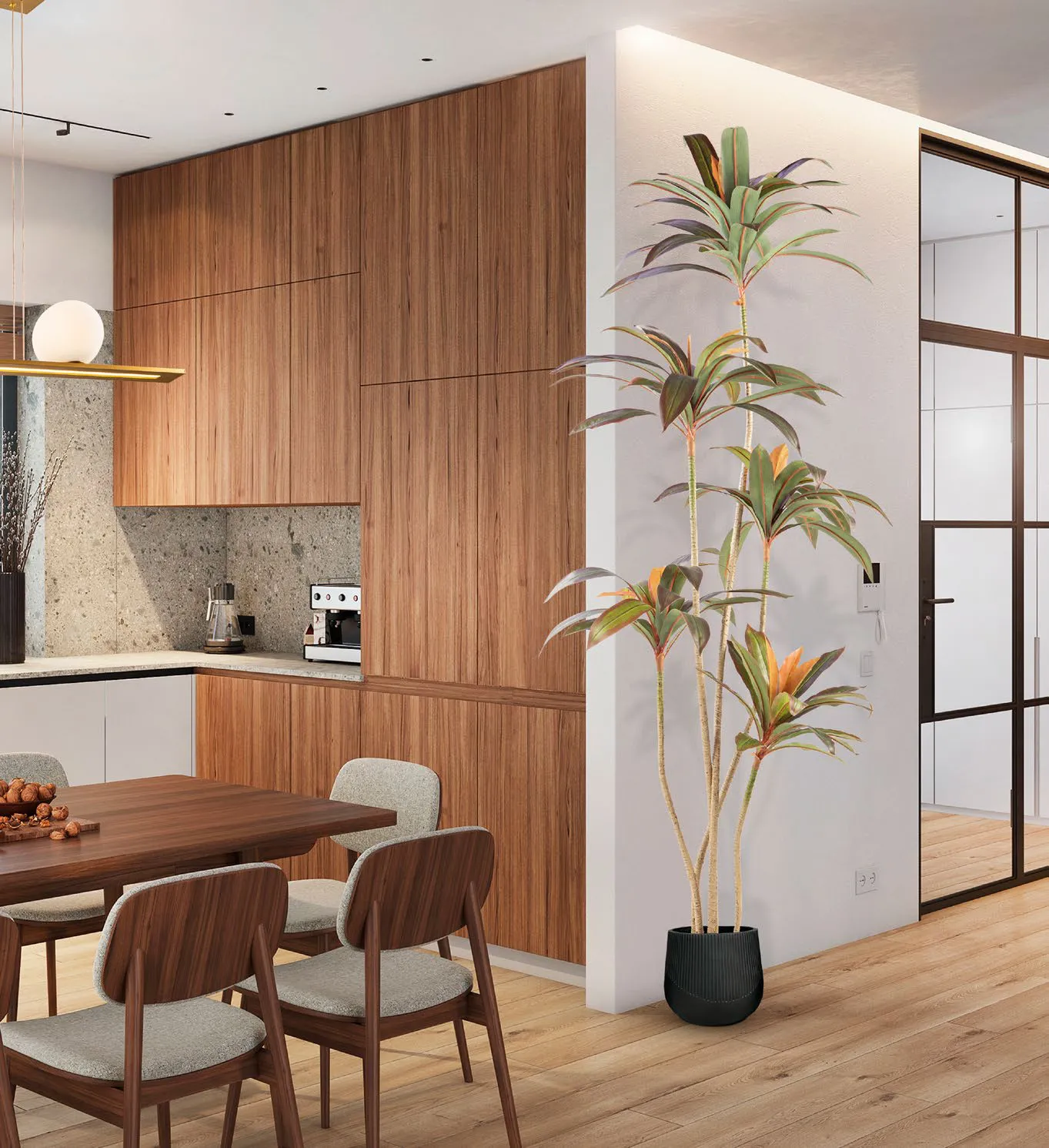 Dracena rossa artificiale Schuller in una cucina con tavolo in legno