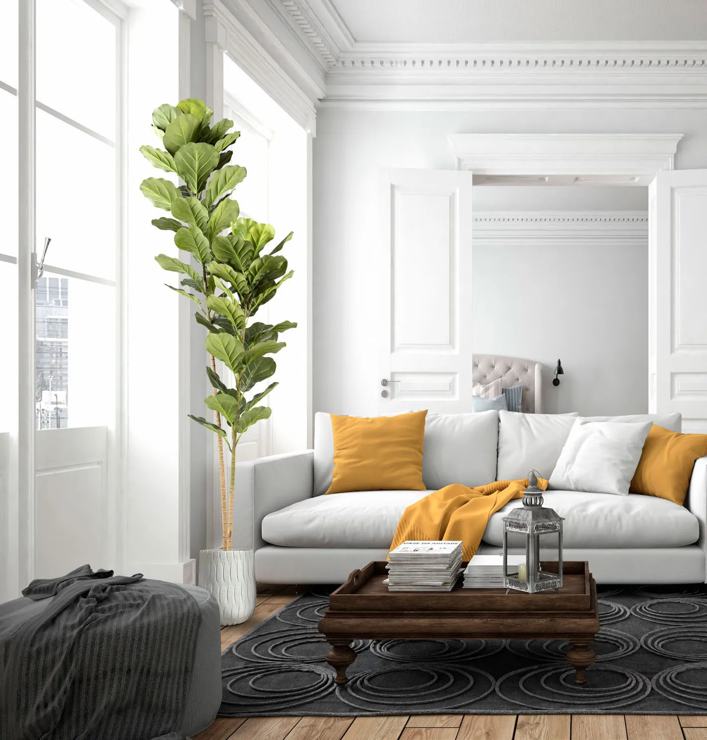 Ficus lyrata artificiale Schuller in un soggiorno bianco