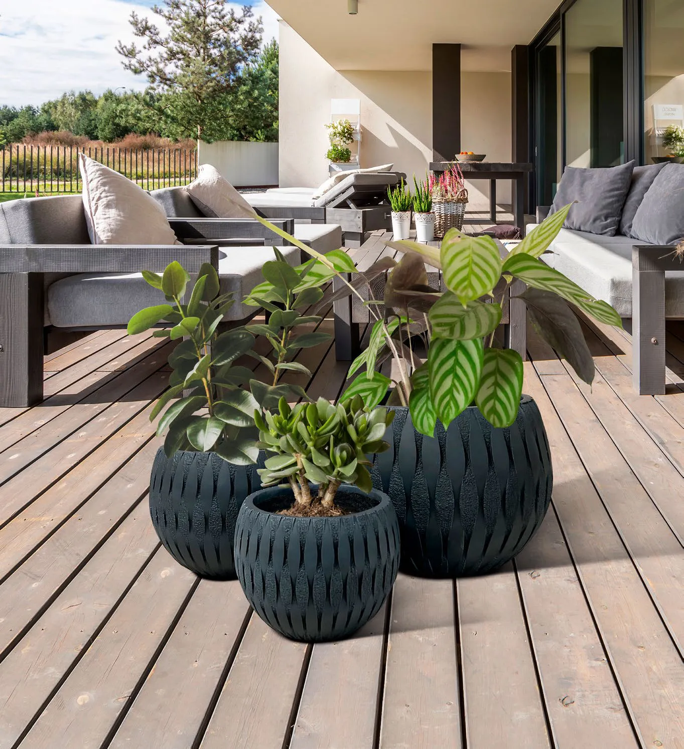 Set di vasi neri Yuca Schuller con piante su una terrazza in legno