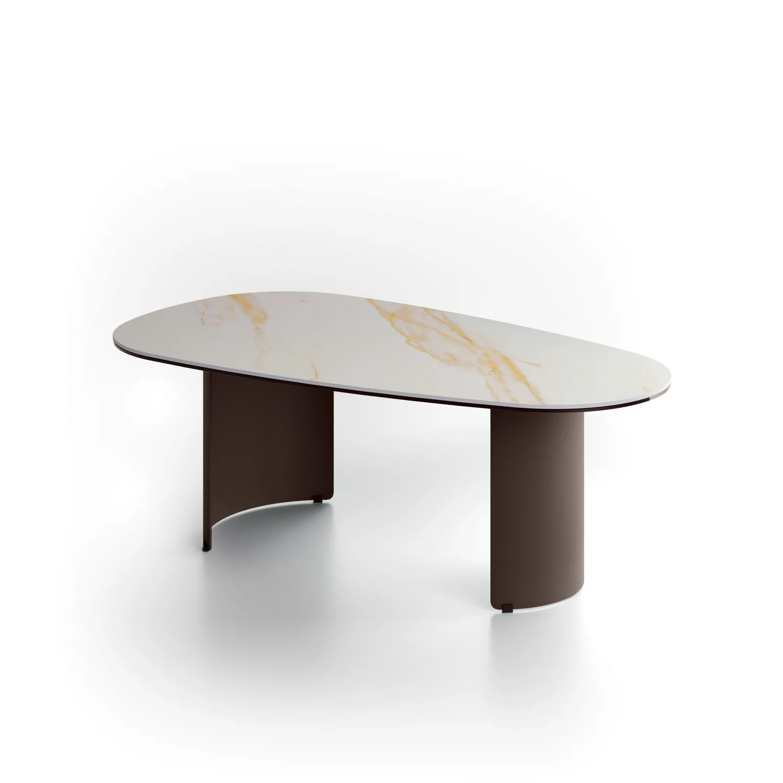 Tavolino Dolmen Stones Calacatta oro con sostegni bronzo su fondo bianco