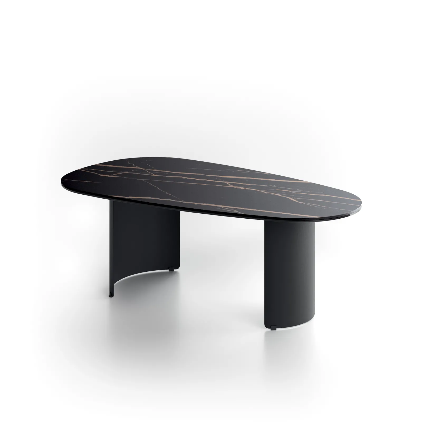 Tavolino Dolmen Stones Portoro nero con sostegni curvi neri su fondo bianco