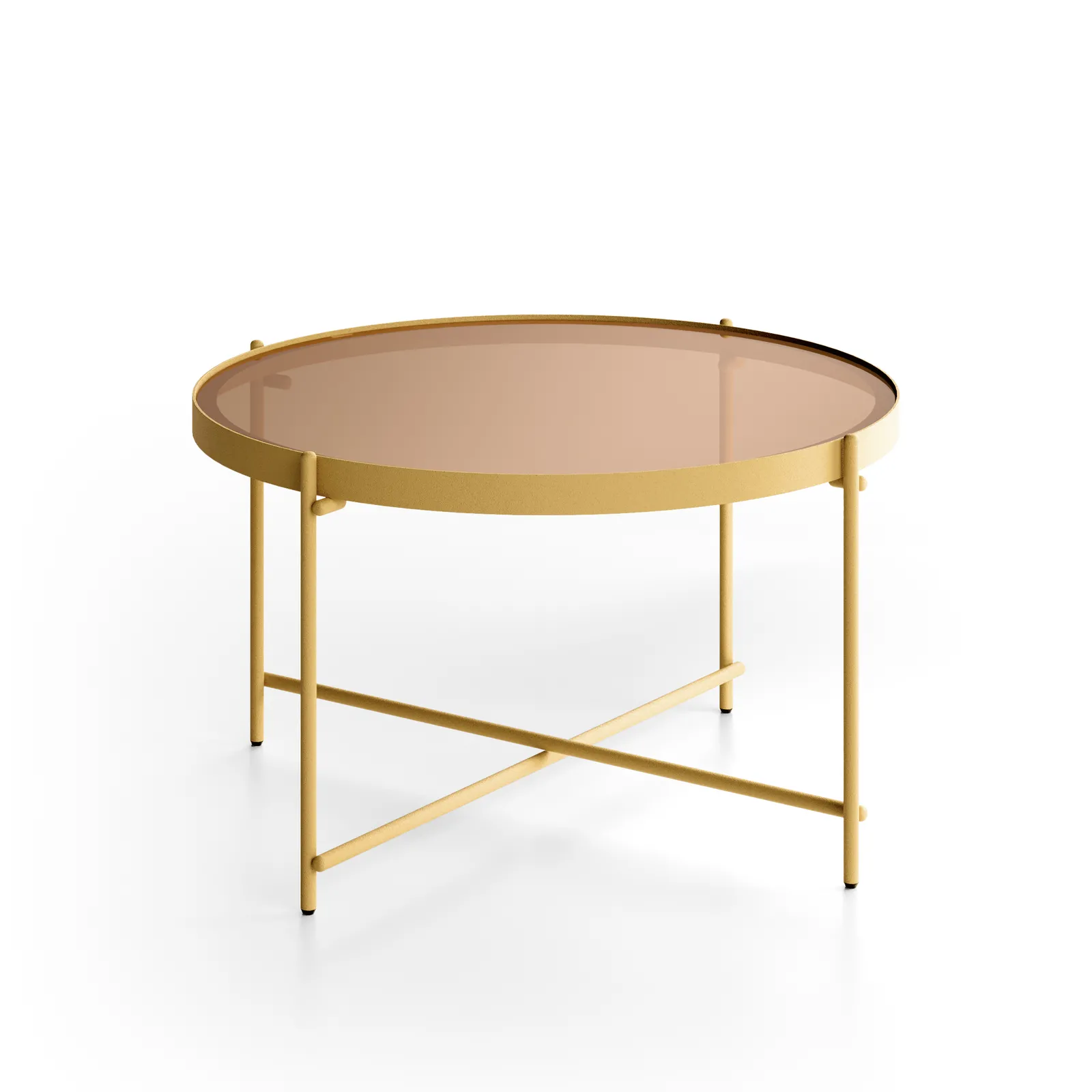 Tavolino Marissa grande Stones con vetro bronzo e gambe incrociate color ottone su fondo bianco