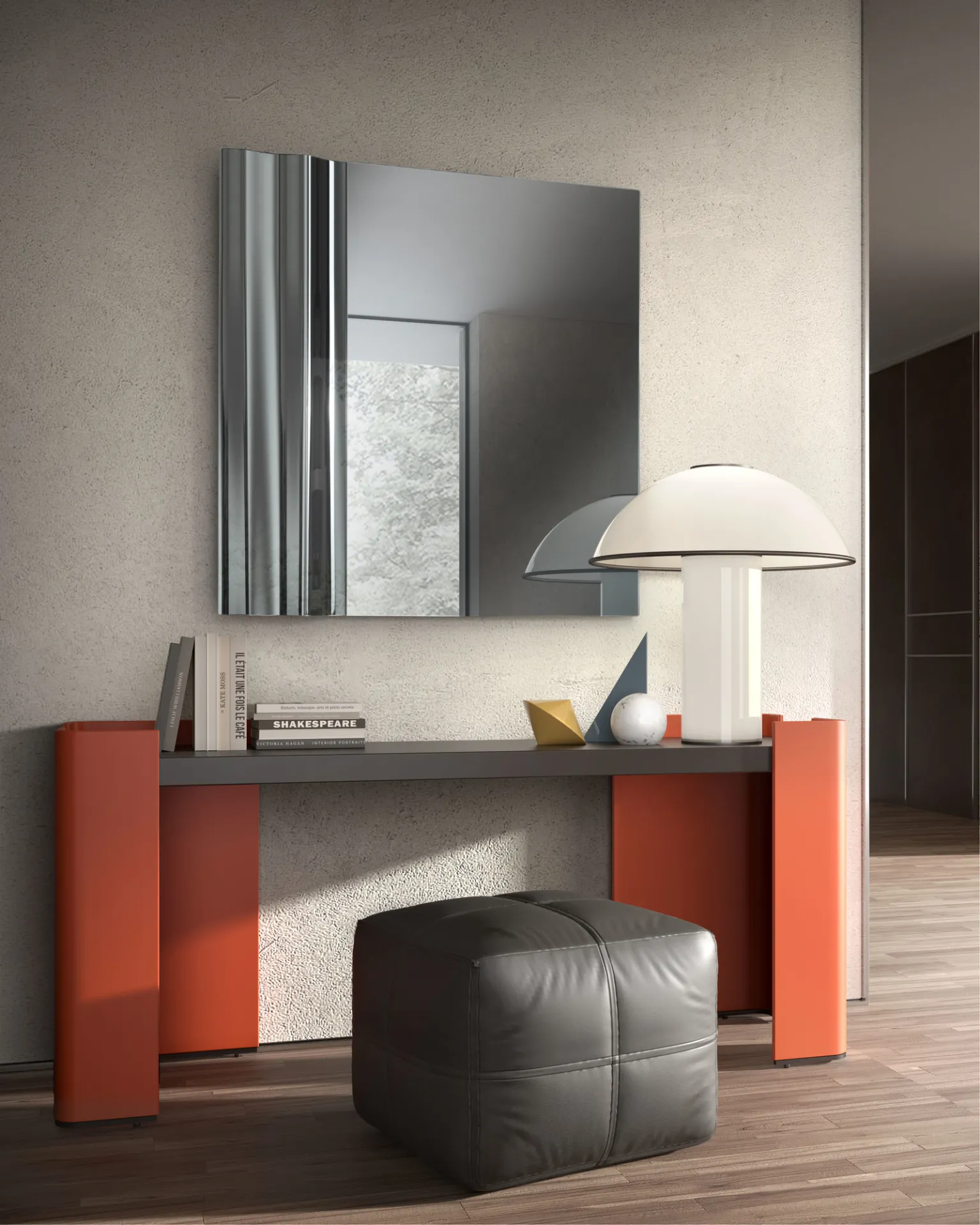 Specchio Focus Stones fumé sopra una consolle rossa in un ingresso con pouf