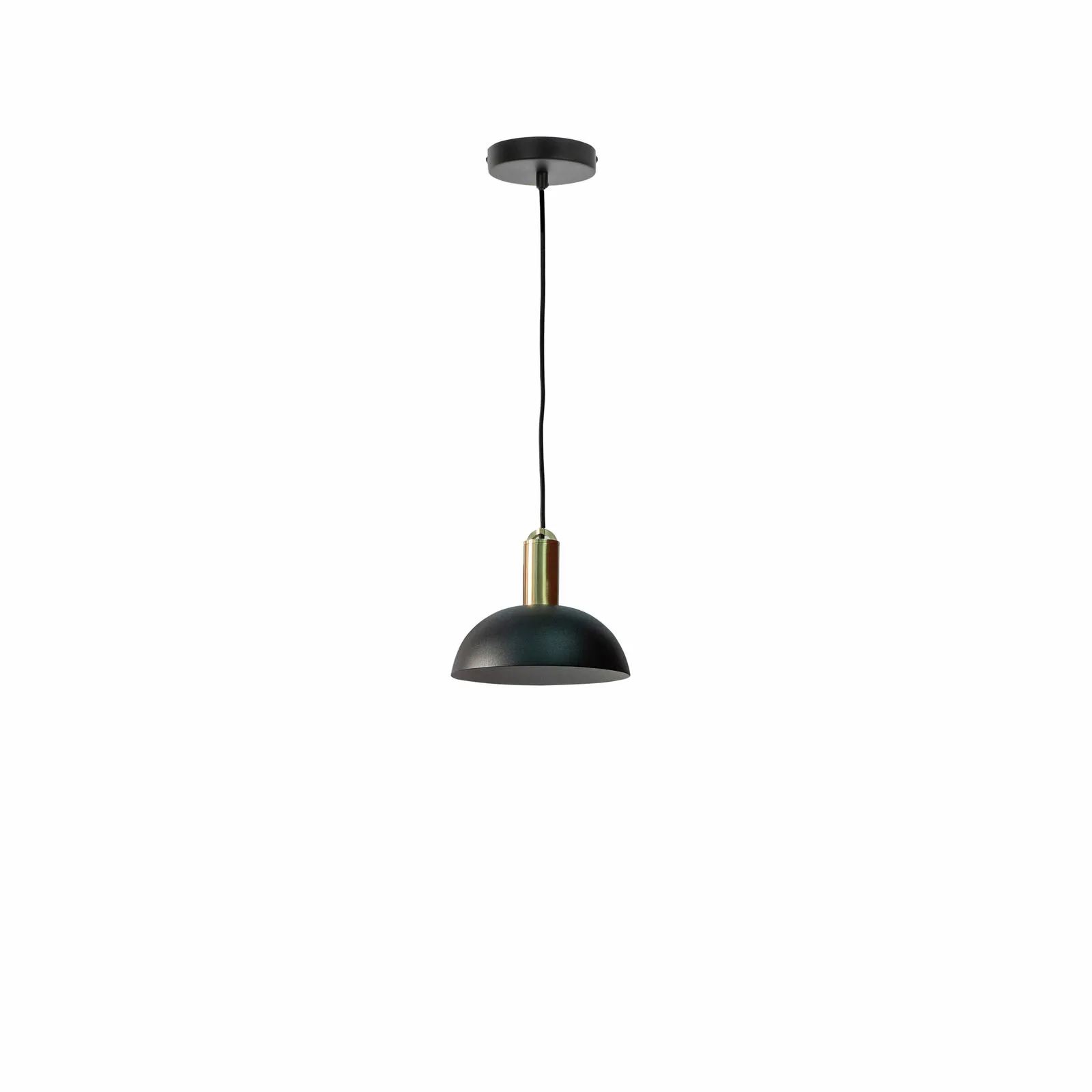 Lampada a sospensione Spica Stones nera e ottone su fondo bianco