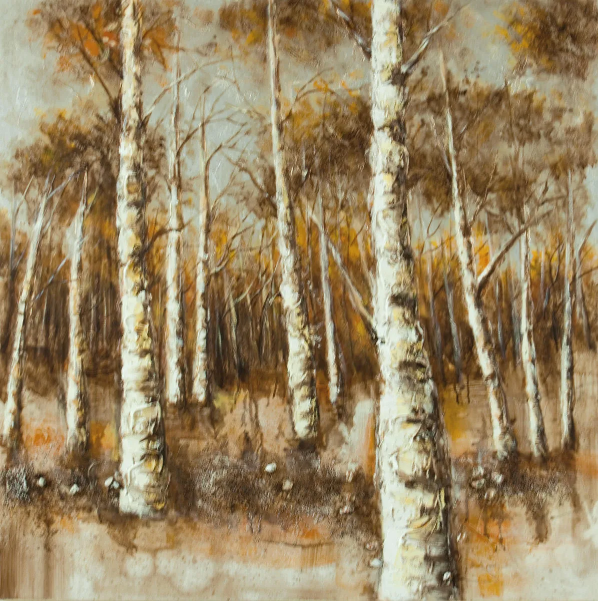 Quadro Woods Stones con bosco di betulle dipinto a olio in toni ocra e oro