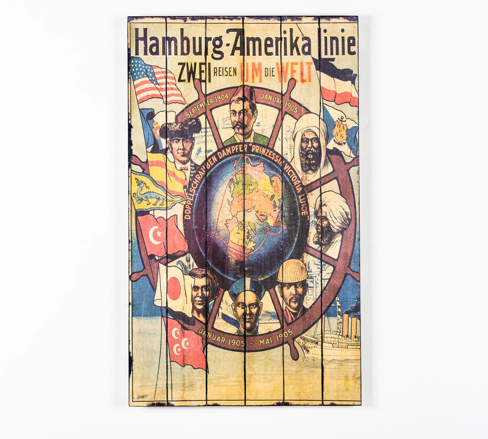 Pannello in legno Hamburg-Amerika Stones con globo, timone e bandiere di molti paesi