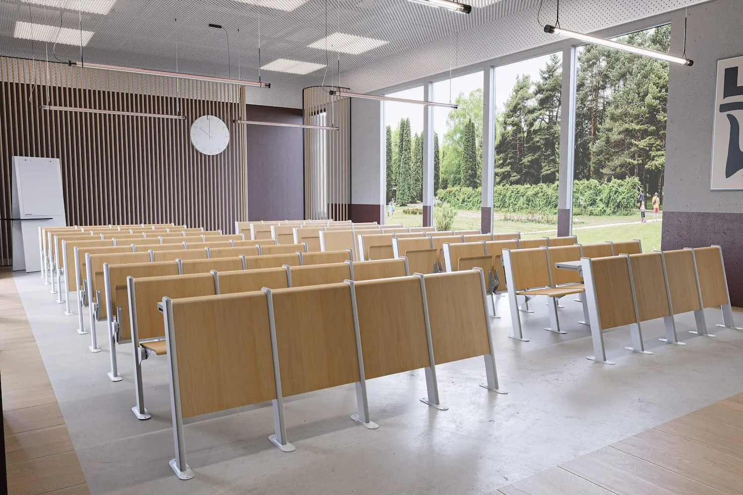 Aula con banchi modulari Arcadia Compir in faggio disposti in file