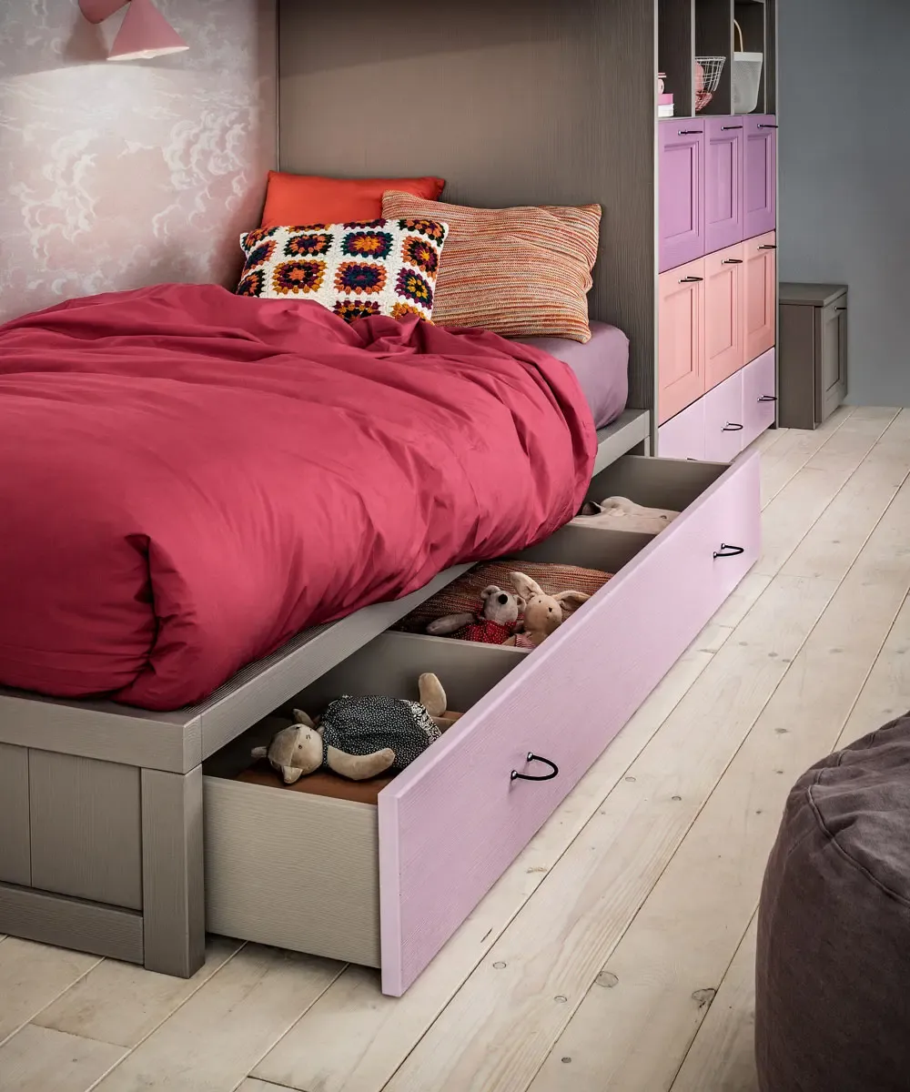 Letto Edonè Callesella con cassettone estraibile a scomparti, cameretta Edonè Confetto